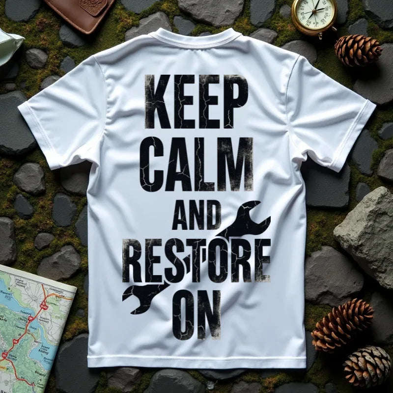 Keep Calm and Restore On Shirt, Vintage Distressed DIY Restoration Tee, Mechanic Workshop Maker Gift, Fix It Humor White