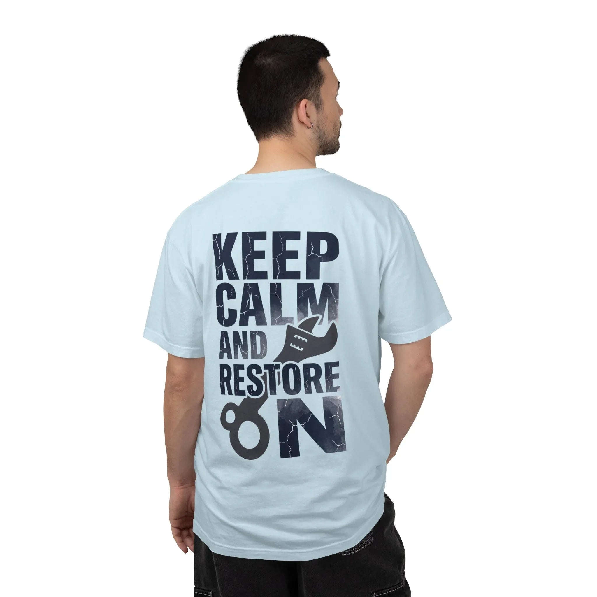 Keep Calm and Restore On Shirt, Vintage Distressed DIY Restoration Tee, Mechanic Workshop Maker Gift, Fix It Humor Chambray