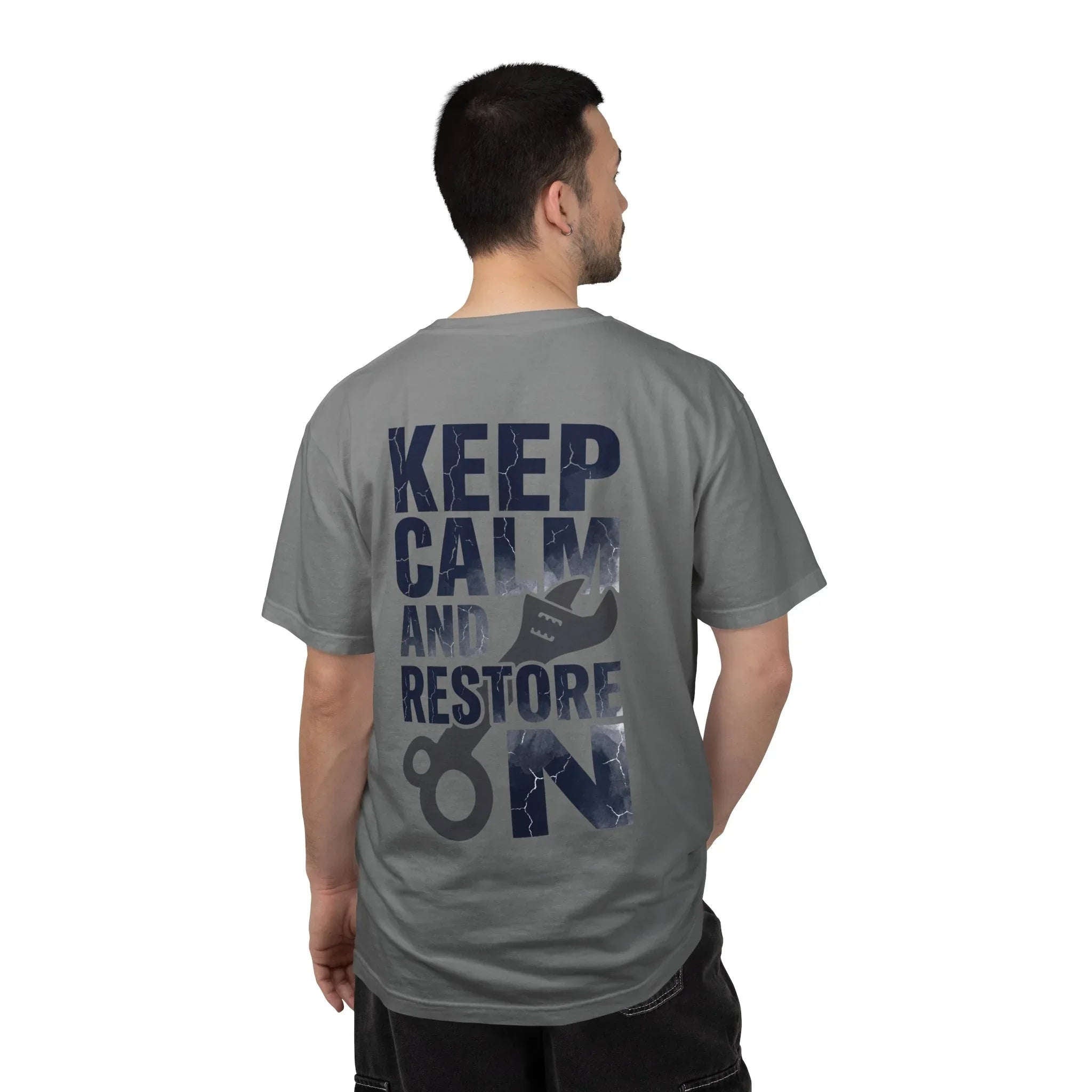 Keep Calm and Restore On Shirt, Vintage Distressed DIY Restoration Tee, Mechanic Workshop Maker Gift, Fix It Humor Grey