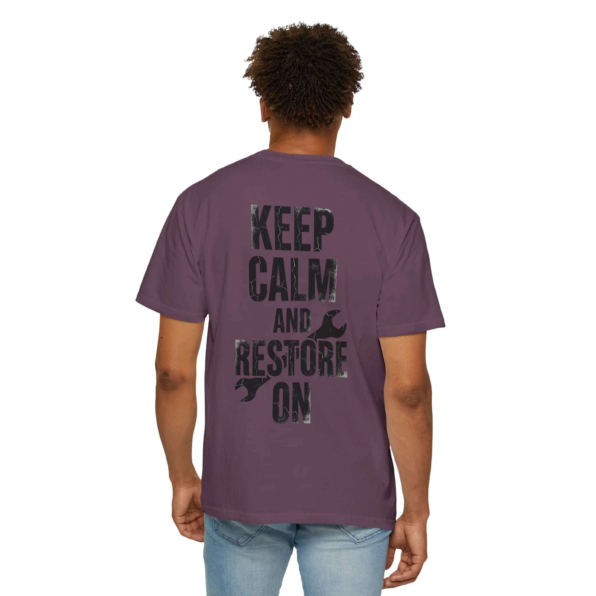 Keep Calm and Restore On Shirt, Vintage Distressed DIY Restoration Tee, Mechanic Workshop Maker Gift, Fix It Humor Berry M