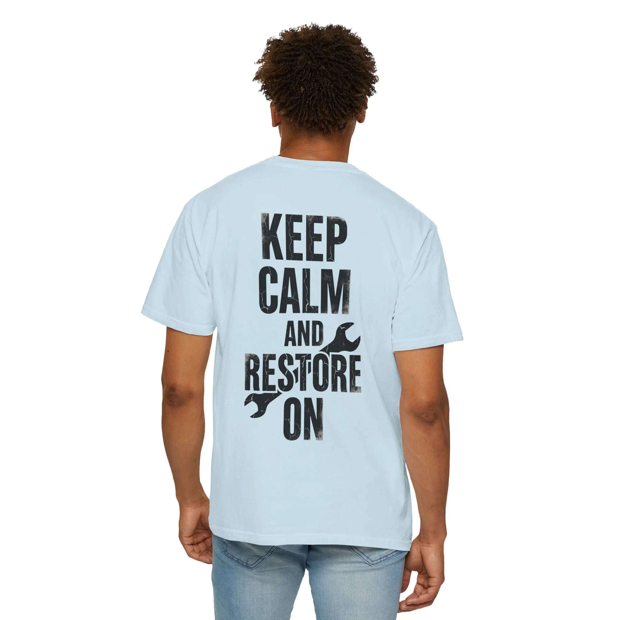 Keep Calm and Restore On Shirt, Vintage Distressed DIY Restoration Tee, Mechanic Workshop Maker Gift, Fix It Humor Chambray