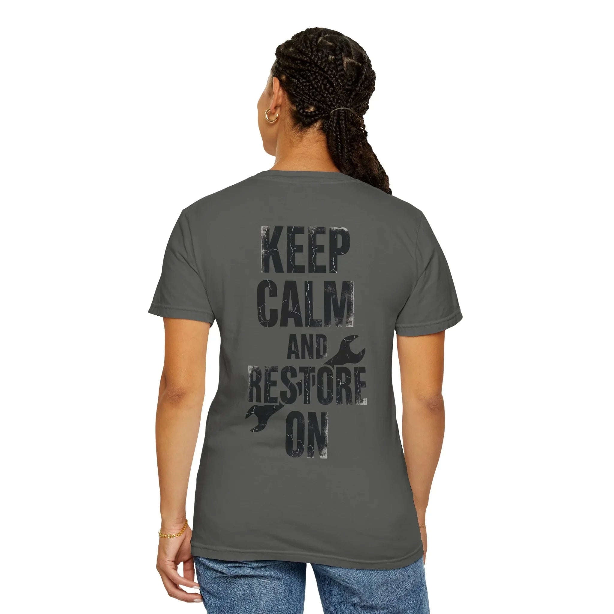 Keep Calm and Restore On Shirt, Vintage Distressed DIY Restoration Tee, Mechanic Workshop Maker Gift, Fix It Humor