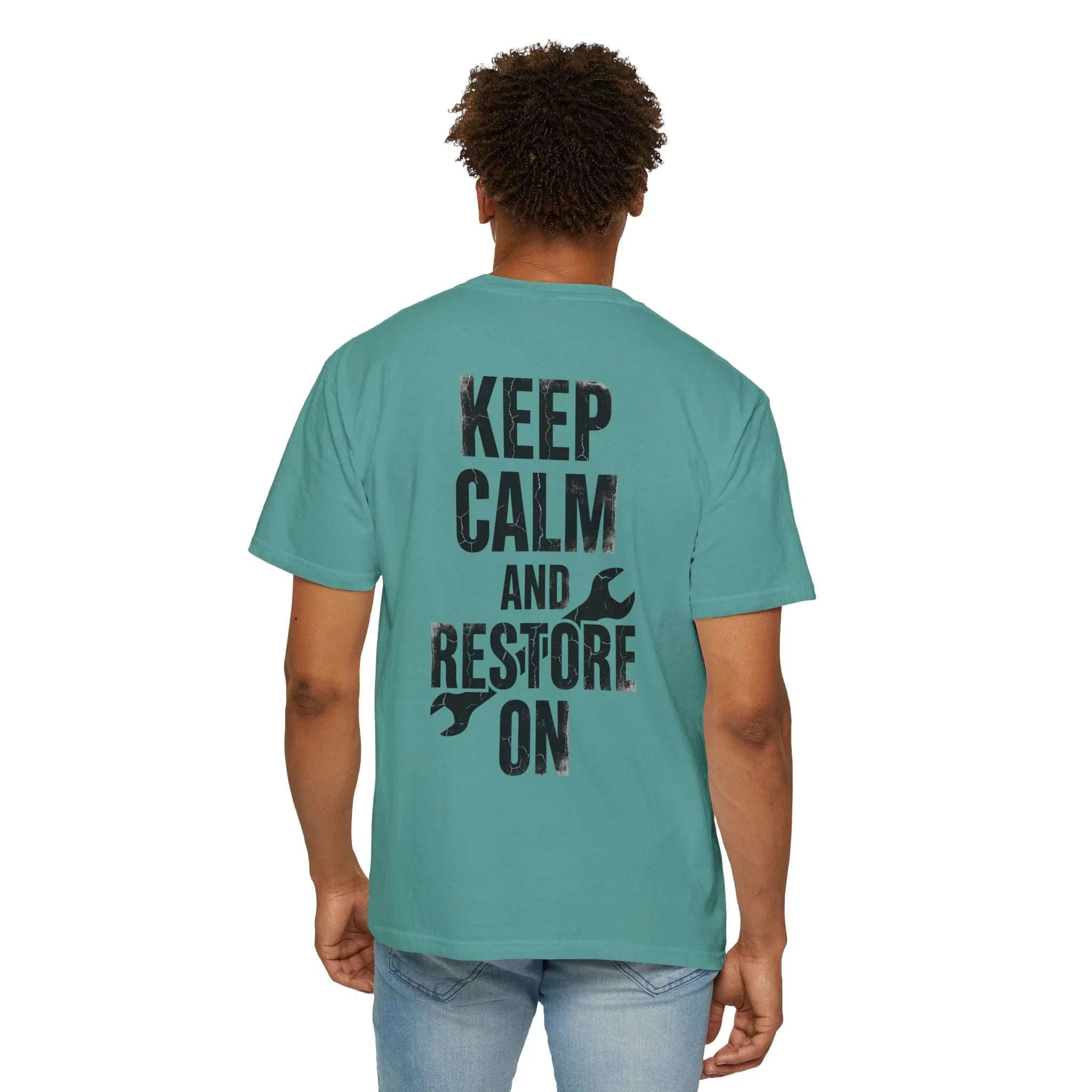 Keep Calm and Restore On Shirt, Vintage Distressed DIY Restoration Tee, Mechanic Workshop Maker Gift, Fix It Humor Seafoam