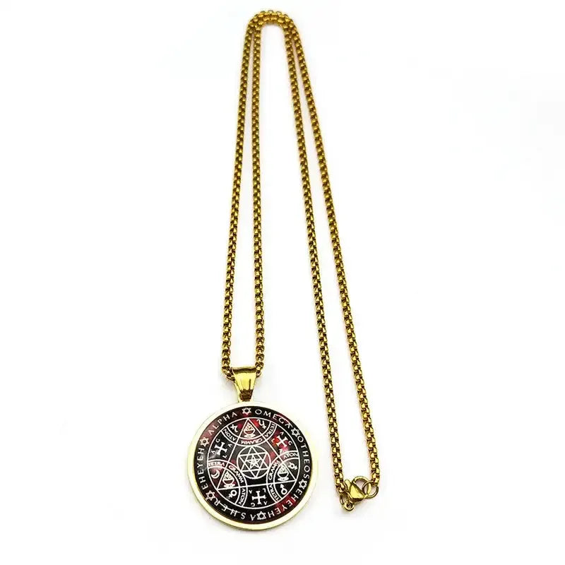 ✨ Key of Solomon Sigil Glass Round Medal Necklace – Stainless Steel Gold Color | Archangel Kabbalah Talisman Jewelry for Women & Men