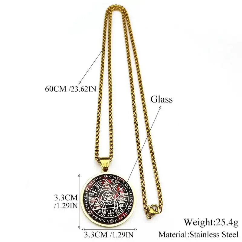✨ Key of Solomon Sigil Glass Round Medal Necklace – Stainless Steel Gold Color | Archangel Kabbalah Talisman Jewelry for Women & Men