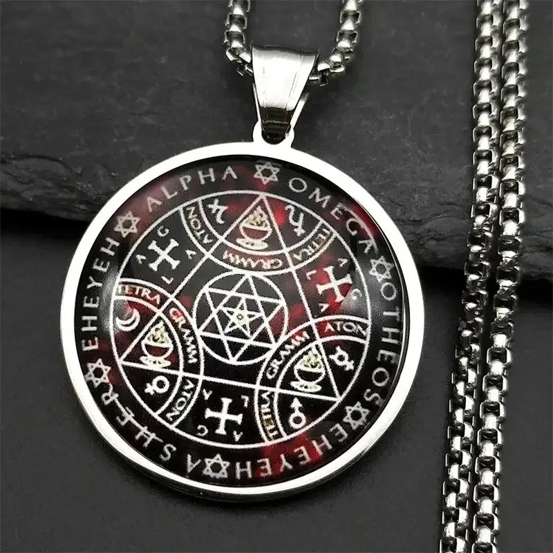 ✨ Key of Solomon Sigil Glass Round Medal Necklace – Stainless Steel Gold Color | Archangel Kabbalah Talisman Jewelry for Women & Men SR