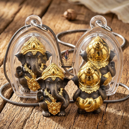 Phra Pikanet Thai Amulet Protection talisman good luck charm spiritual jewelry Sacred Ganesha Khanet Noi Hai Lap Ngoen Lan Millionaire Fortune Edition Partial Gold Plated Khan Long Hin Bronze Matrix
