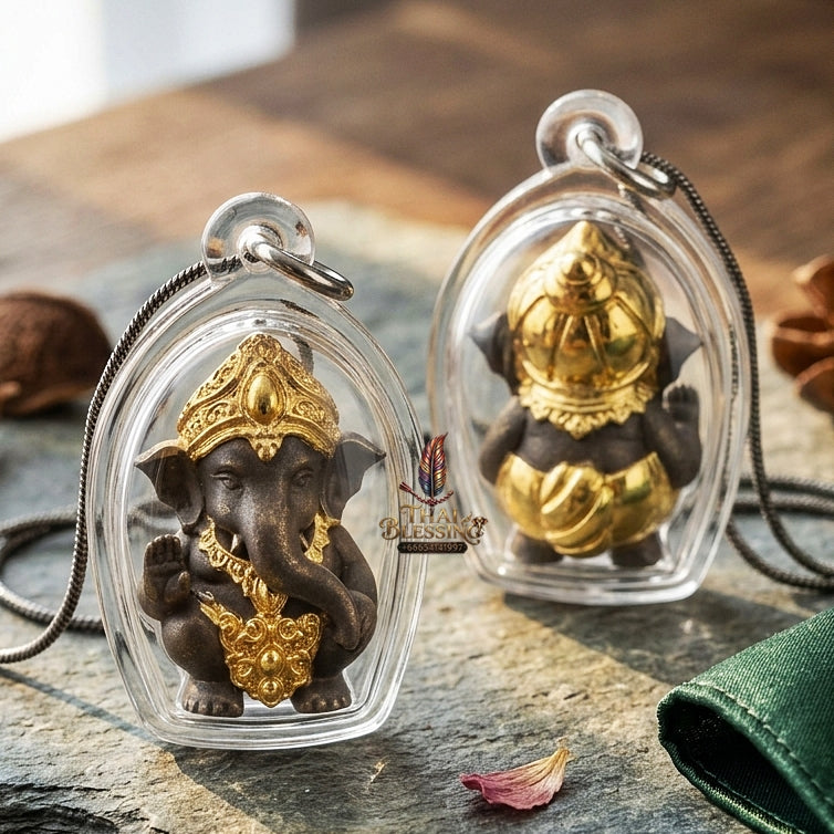 Phra Pikanet Thai Amulet Protection talisman good luck charm spiritual jewelry Sacred Ganesha Khanet Noi Hai Lap Ngoen Lan Millionaire Fortune Edition Partial Gold Plated Khan Long Hin Bronze Matrix