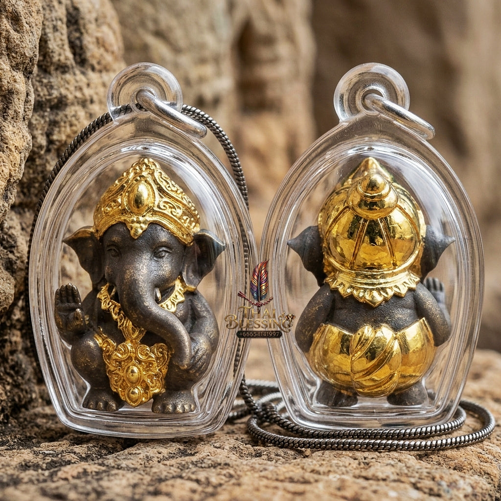 Phra Pikanet Thai Amulet Protection talisman good luck charm spiritual jewelry Sacred Ganesha Khanet Noi Hai Lap Ngoen Lan Millionaire Fortune Edition Partial Gold Plated Khan Long Hin Bronze Matrix