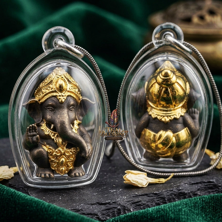 Phra Pikanet Thai Amulet Protection talisman good luck charm spiritual jewelry Sacred Ganesha Khanet Noi Hai Lap Ngoen Lan Millionaire Fortune Edition Partial Gold Plated Khan Long Hin Bronze Matrix