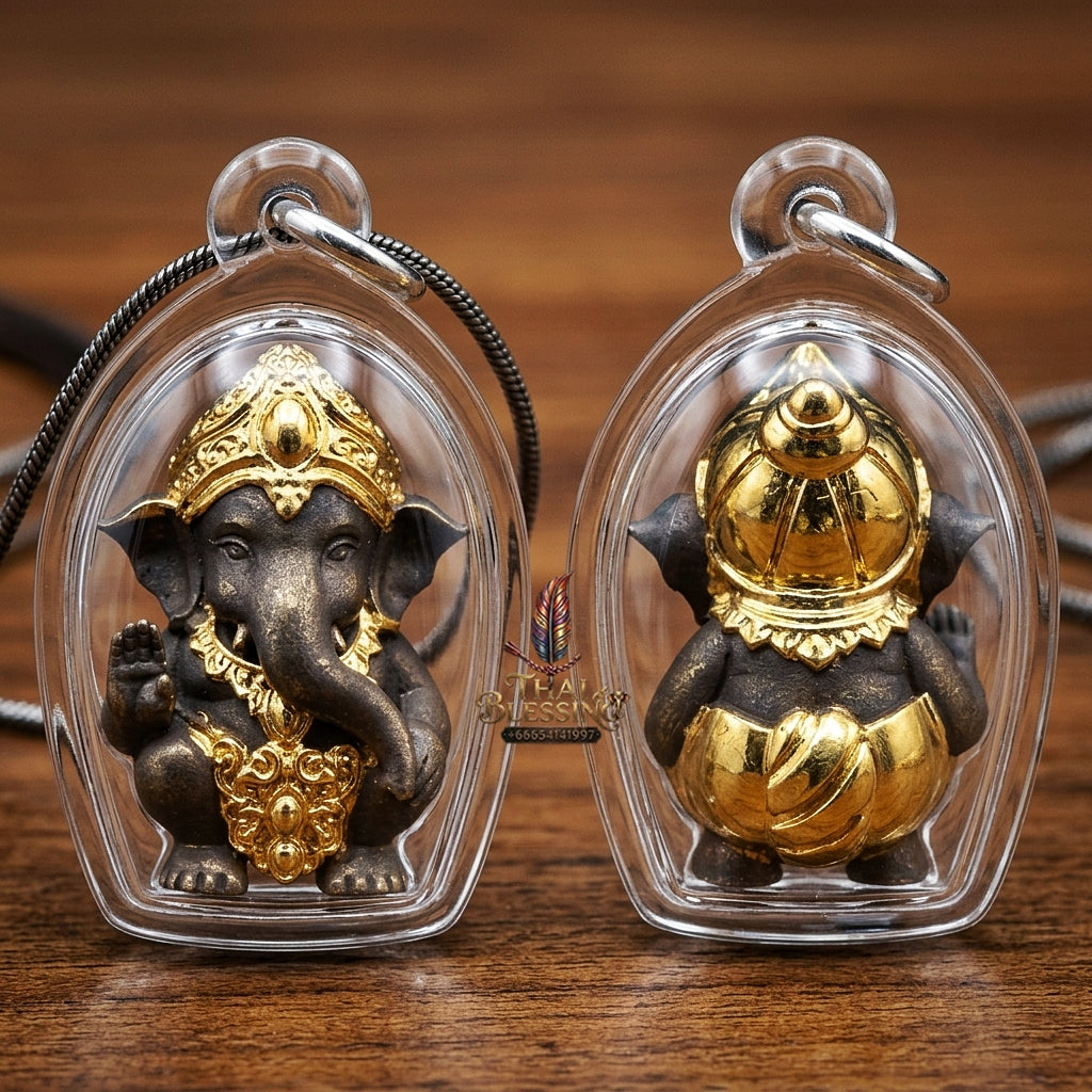 Phra Pikanet Thai Amulet Protection talisman good luck charm spiritual jewelry Sacred Ganesha Khanet Noi Hai Lap Ngoen Lan Millionaire Fortune Edition Partial Gold Plated Khan Long Hin Bronze Matrix