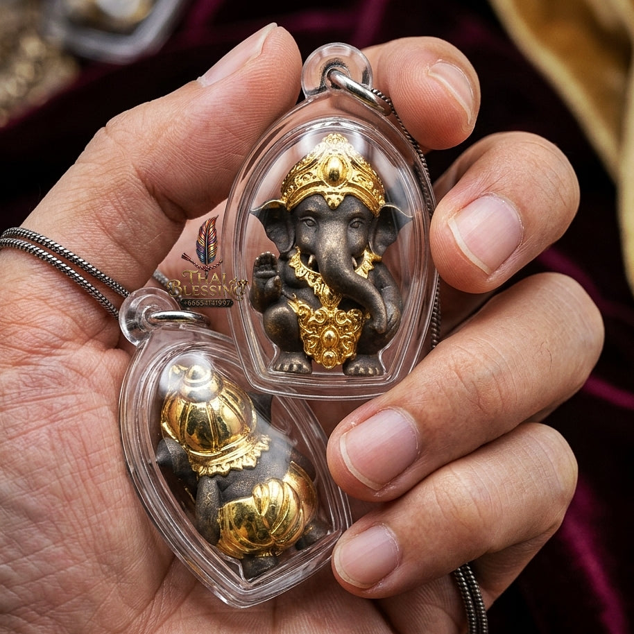 Phra Pikanet Thai Amulet Protection talisman good luck charm spiritual jewelry Sacred Ganesha Khanet Noi Hai Lap Ngoen Lan Millionaire Fortune Edition Partial Gold Plated Khan Long Hin Bronze Matrix