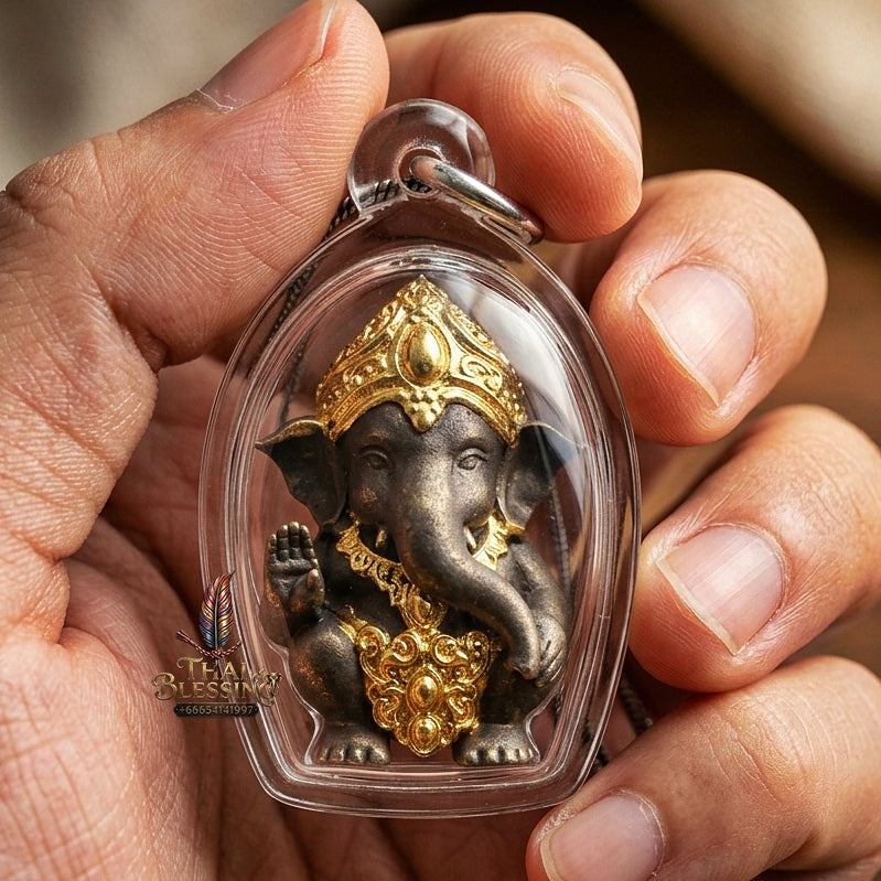 Phra Pikanet Thai Amulet Protection talisman good luck charm spiritual jewelry Sacred Ganesha Khanet Noi Hai Lap Ngoen Lan Millionaire Fortune Edition Partial Gold Plated Khan Long Hin Bronze Matrix