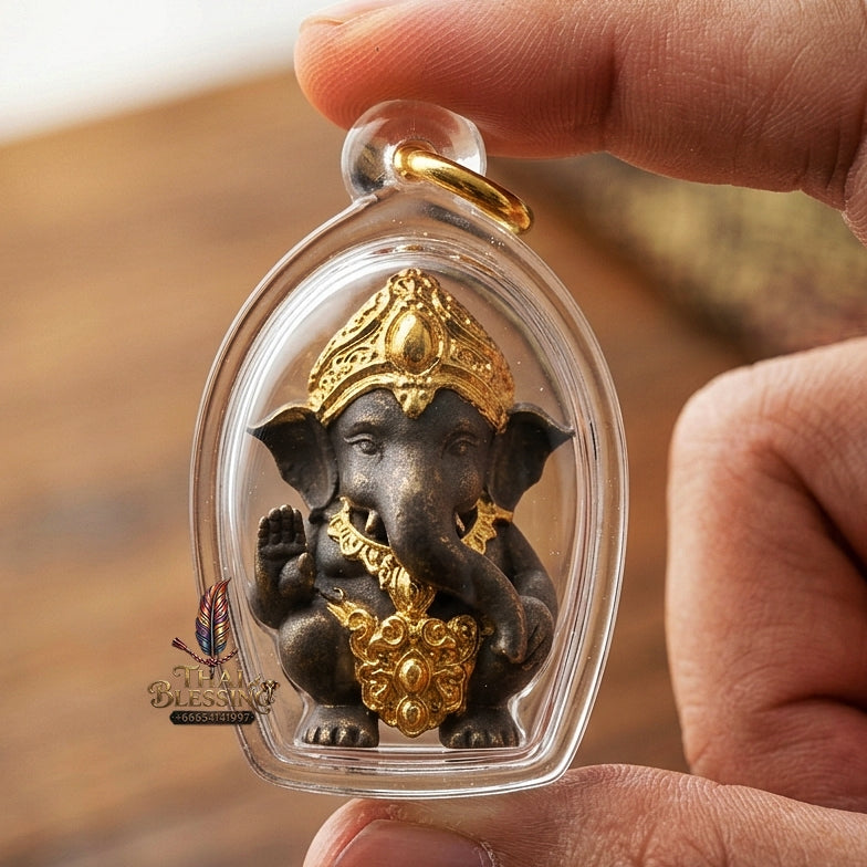 Phra Pikanet Thai Amulet Protection talisman good luck charm spiritual jewelry Sacred Ganesha Khanet Noi Hai Lap Ngoen Lan Millionaire Fortune Edition Partial Gold Plated Khan Long Hin Bronze Matrix