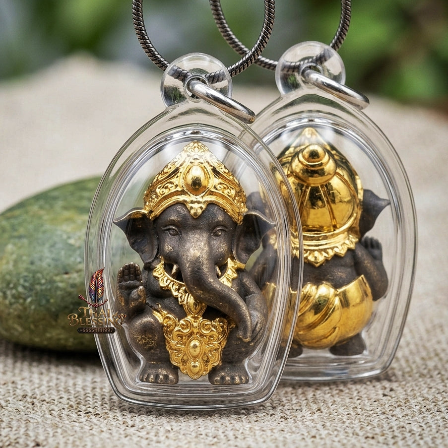 Phra Pikanet Thai Amulet Protection talisman good luck charm spiritual jewelry Sacred Ganesha Khanet Noi Hai Lap Ngoen Lan Millionaire Fortune Edition Partial Gold Plated Khan Long Hin Bronze Matrix