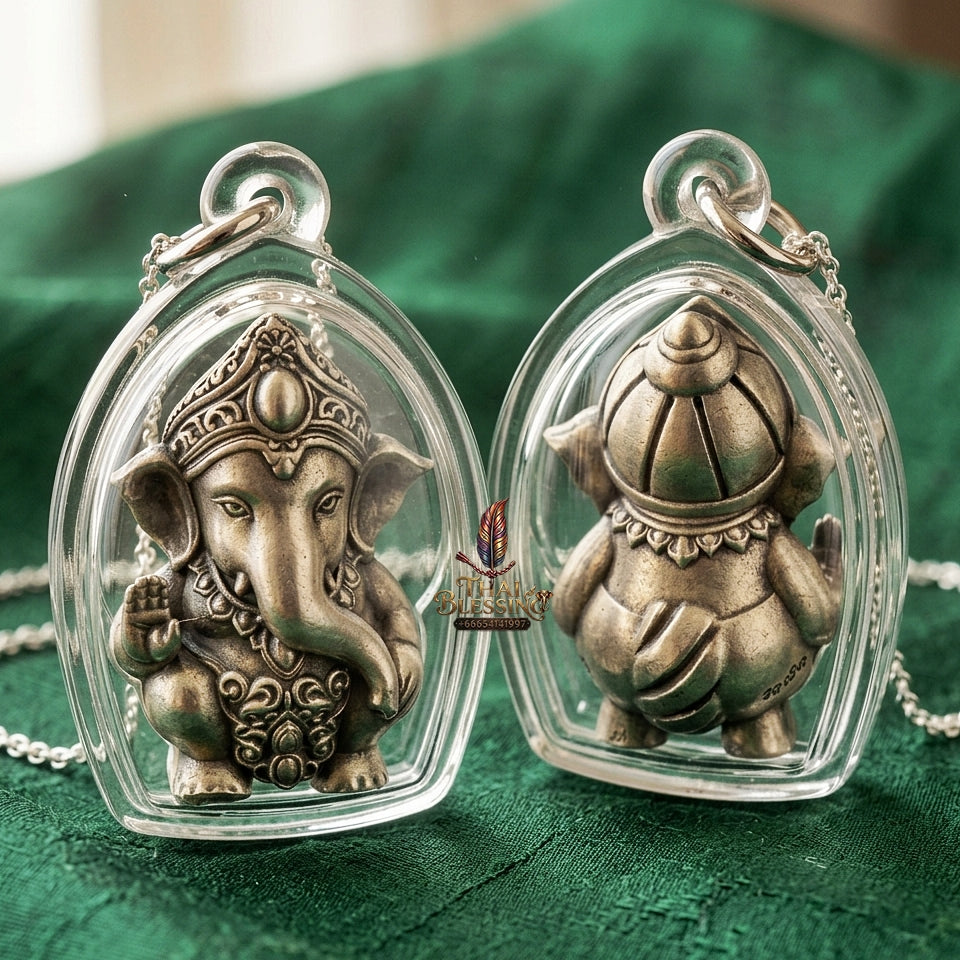 Phra Pikanet Thai Amulet Protection talisman good luck charm spiritual jewelry Sacred Ganesha Khanet Noi Hai Lap Ngoen Lan Millionaire Fortune Edition Satin Plated Bronze Matrix