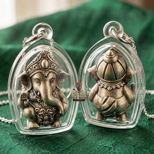 Phra Pikanet Thai Amulet Protection talisman good luck charm spiritual jewelry Sacred Ganesha Khanet Noi Hai Lap Ngoen Lan Millionaire Fortune Edition Satin Plated Bronze Matrix