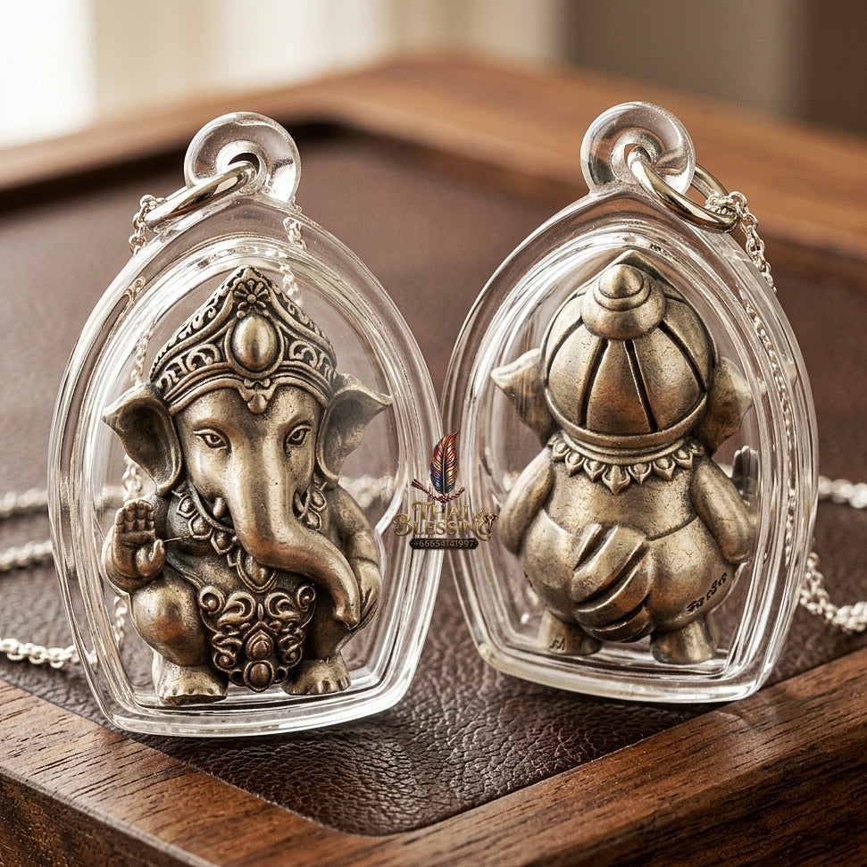 Phra Pikanet Thai Amulet Protection talisman good luck charm spiritual jewelry Sacred Ganesha Khanet Noi Hai Lap Ngoen Lan Millionaire Fortune Edition Satin Plated Bronze Matrix