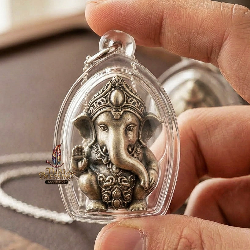 Phra Pikanet Thai Amulet Protection talisman good luck charm spiritual jewelry Sacred Ganesha Khanet Noi Hai Lap Ngoen Lan Millionaire Fortune Edition Satin Plated Bronze Matrix
