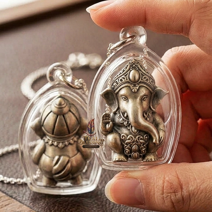 Phra Pikanet Thai Amulet Protection talisman good luck charm spiritual jewelry Sacred Ganesha Khanet Noi Hai Lap Ngoen Lan Millionaire Fortune Edition Satin Plated Bronze Matrix