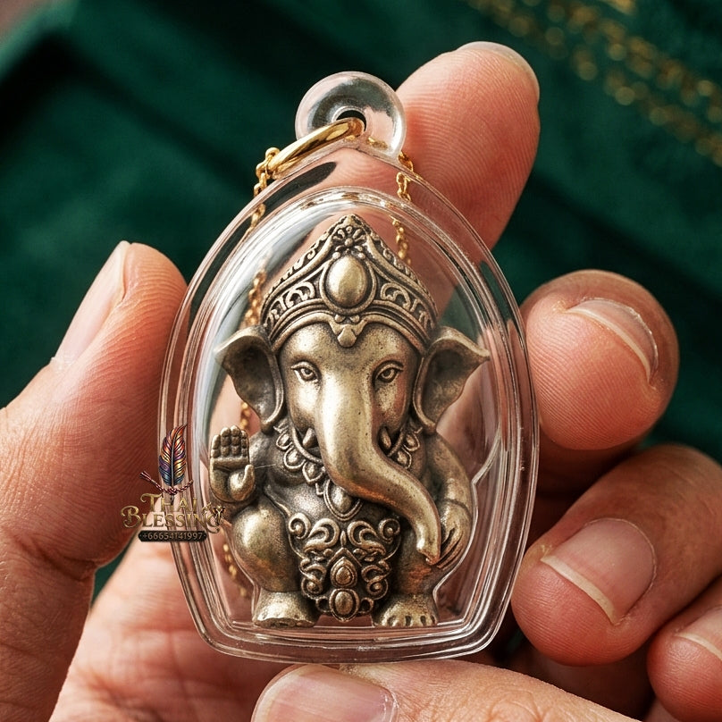 Phra Pikanet Thai Amulet Protection talisman good luck charm spiritual jewelry Sacred Ganesha Khanet Noi Hai Lap Ngoen Lan Millionaire Fortune Edition Satin Plated Bronze Matrix