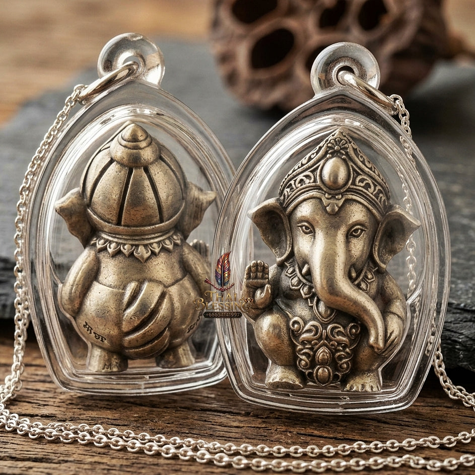 Phra Pikanet Thai Amulet Protection talisman good luck charm spiritual jewelry Sacred Ganesha Khanet Noi Hai Lap Ngoen Lan Millionaire Fortune Edition Satin Plated Bronze Matrix