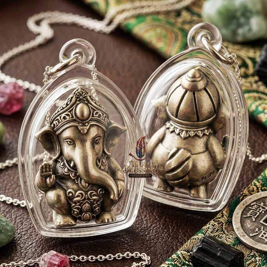 Phra Pikanet Thai Amulet Protection talisman good luck charm spiritual jewelry Sacred Ganesha Khanet Noi Hai Lap Ngoen Lan Millionaire Fortune Edition Satin Plated Bronze Matrix