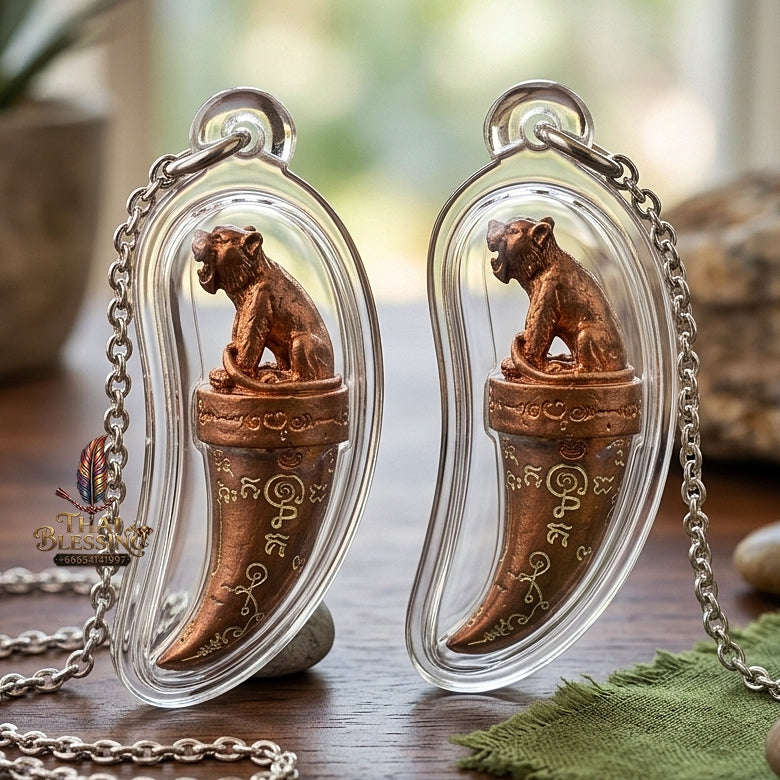 Khiao Suea Sakot Phut Tha Khom Thai Amulet Protection talisman good luck charm spiritual jewelry Sacred Tiger Fang Sovereign Power Maha Amnat Sattaloha Seven Metals Thai Blessing Co By RURUECHA