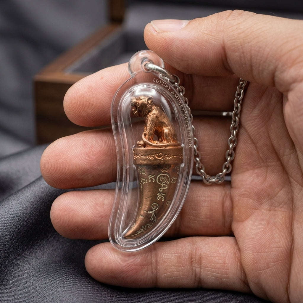 Khiao Suea Sakot Phut Tha Khom Thai Amulet Protection talisman good luck charm spiritual jewelry Sacred Tiger Fang Sovereign Power Maha Amnat Sattaloha Seven Metals Thai Blessing Co By RURUECHA