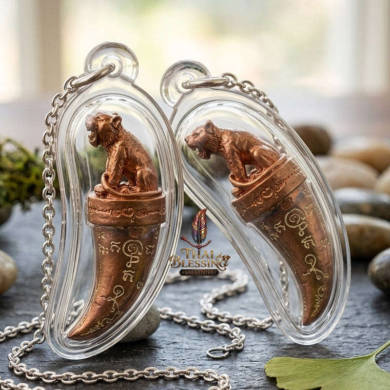 Khiao Suea Sakot Phut Tha Khom Thai Amulet Protection talisman good luck charm spiritual jewelry Sacred Tiger Fang Sovereign Power Maha Amnat Sattaloha Seven Metals Thai Blessing Co By RURUECHA