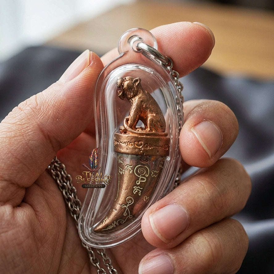 Khiao Suea Sakot Phut Tha Khom Thai Amulet Protection talisman good luck charm spiritual jewelry Sacred Tiger Fang Sovereign Power Maha Amnat Sattaloha Seven Metals Thai Blessing Co By RURUECHA