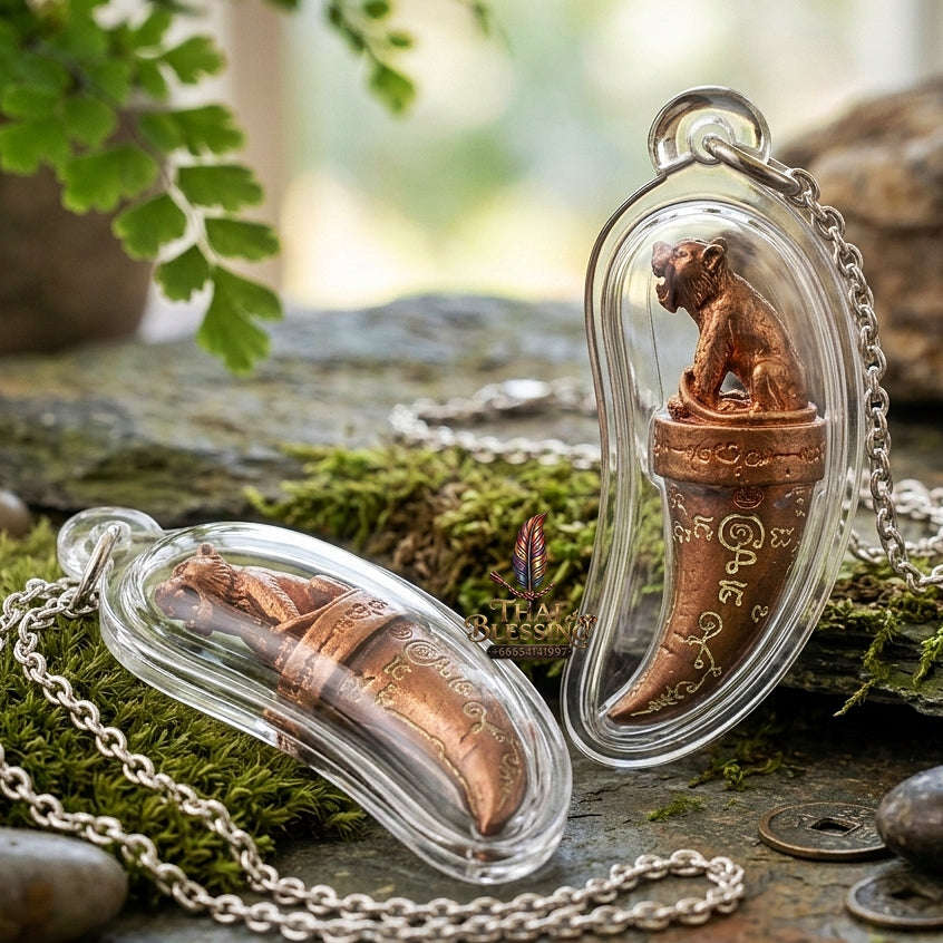 Khiao Suea Sakot Phut Tha Khom Thai Amulet Protection talisman good luck charm spiritual jewelry Sacred Tiger Fang Sovereign Power Maha Amnat Sattaloha Seven Metals Thai Blessing Co By RURUECHA