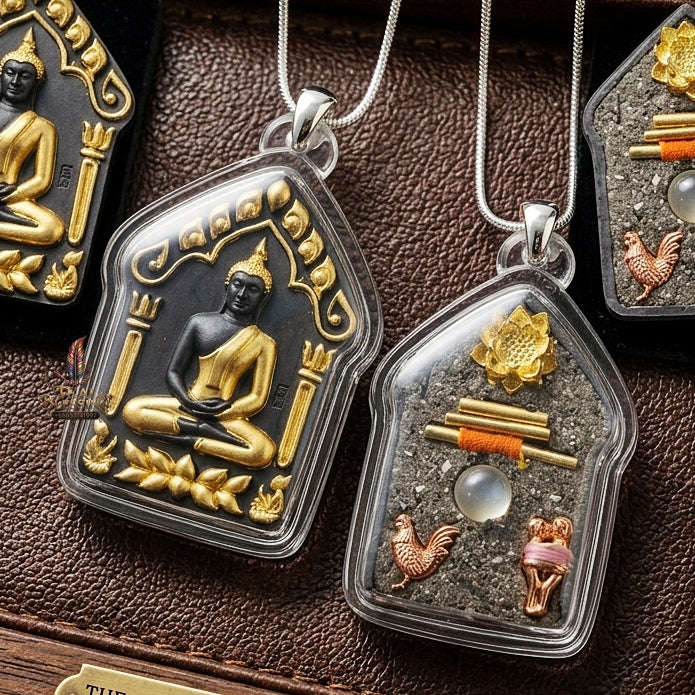 Khun Paen Pendant Thai Amulet Protection talisman good luck charm spiritual jewelry Sovereign Sacred Spirit Magnetism & Gold-Leaf Samlit Bronze Elegance Khun Paen Phrai Mae Bua Thong