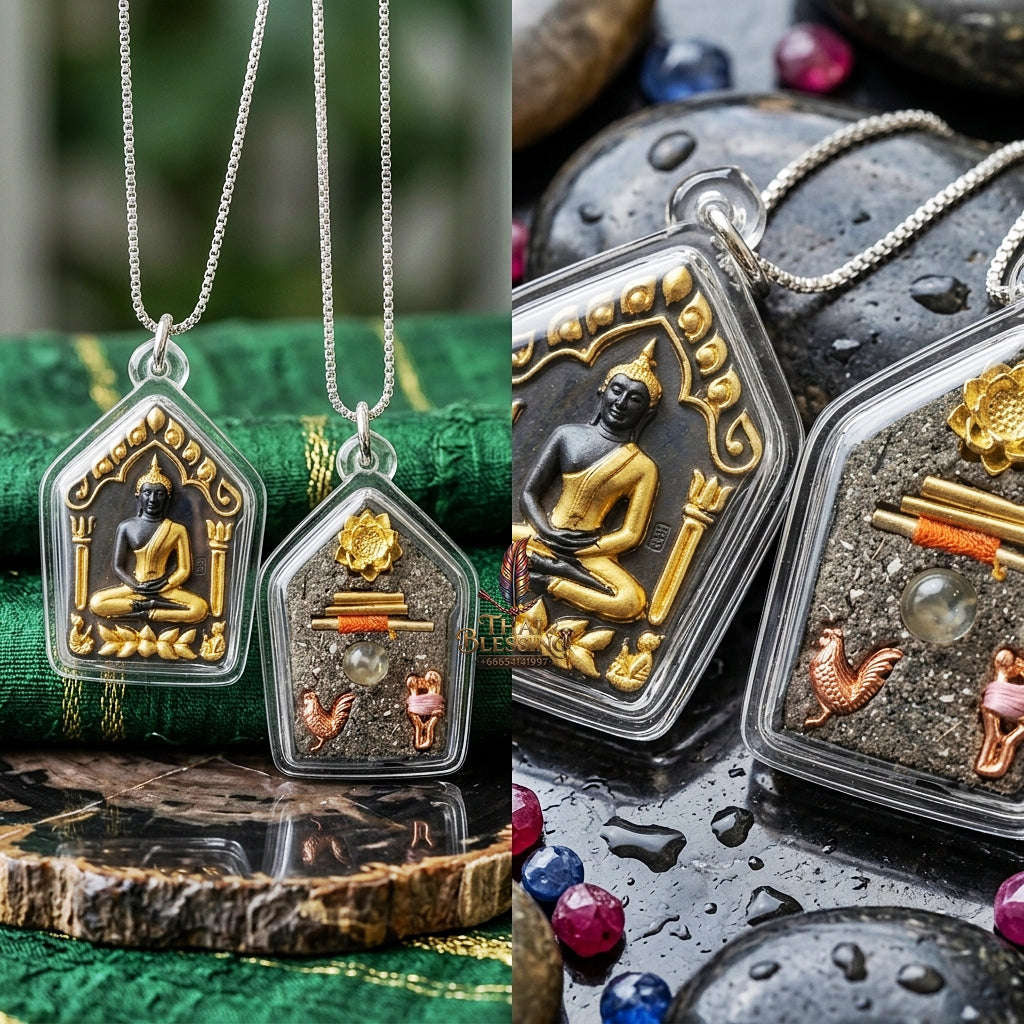 Khun Paen Pendant Thai Amulet Protection talisman good luck charm spiritual jewelry Sovereign Sacred Spirit Magnetism & Gold-Leaf Samlit Bronze Elegance Khun Paen Phrai Mae Bua Thong