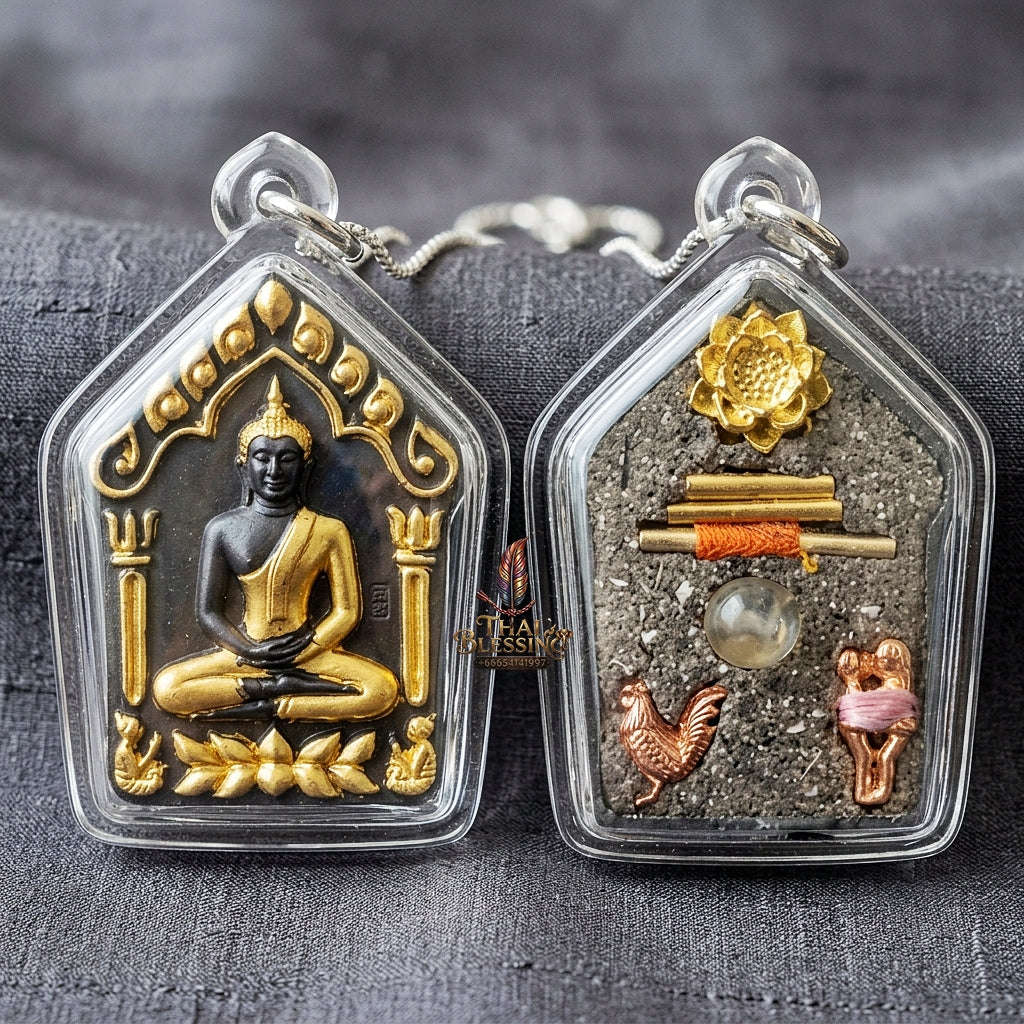 Khun Paen Pendant Thai Amulet Protection talisman good luck charm spiritual jewelry Sovereign Sacred Spirit Magnetism & Gold-Leaf Samlit Bronze Elegance Khun Paen Phrai Mae Bua Thong