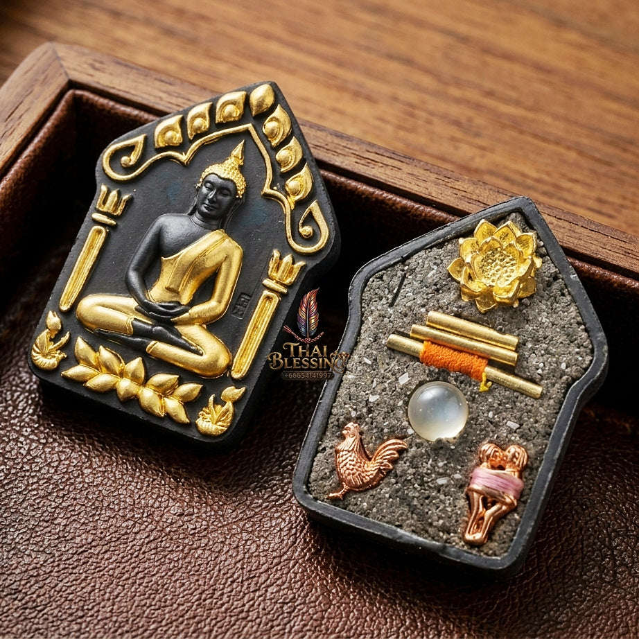 Khun Paen Pendant Thai Amulet Protection talisman good luck charm spiritual jewelry Sovereign Sacred Spirit Magnetism & Gold-Leaf Samlit Bronze Elegance Khun Paen Phrai Mae Bua Thong