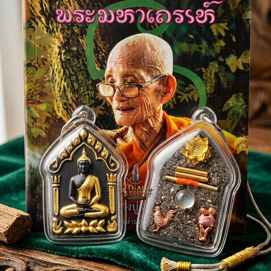 Khun Paen Pendant Thai Amulet Protection talisman good luck charm spiritual jewelry Sovereign Sacred Spirit Magnetism & Gold-Leaf Samlit Bronze Elegance Khun Paen Phrai Mae Bua Thong
