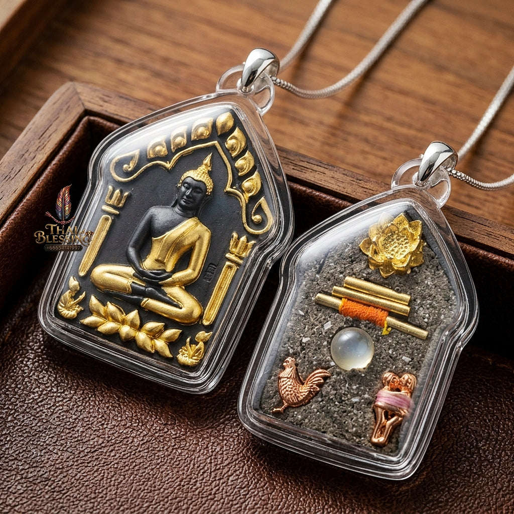 Khun Paen Pendant Thai Amulet Protection talisman good luck charm spiritual jewelry Sovereign Sacred Spirit Magnetism & Gold-Leaf Samlit Bronze Elegance Khun Paen Phrai Mae Bua Thong