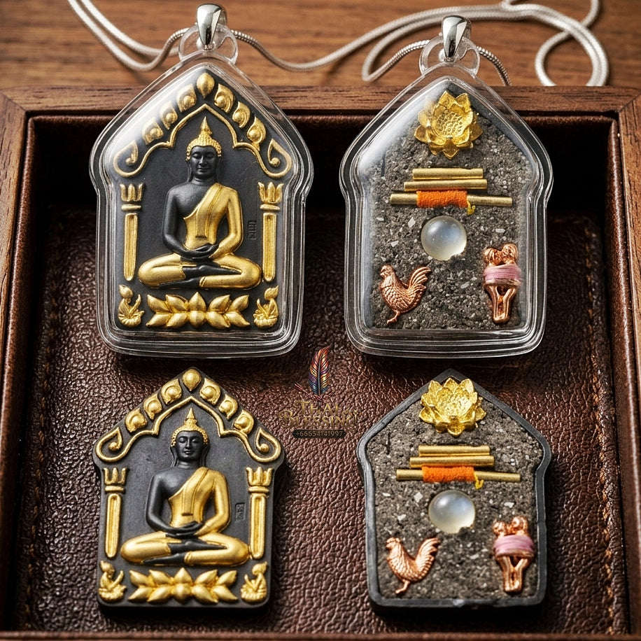 Khun Paen Pendant Thai Amulet Protection talisman good luck charm spiritual jewelry Sovereign Sacred Spirit Magnetism & Gold-Leaf Samlit Bronze Elegance Khun Paen Phrai Mae Bua Thong