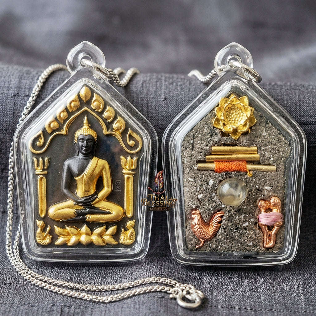 Khun Paen Pendant Thai Amulet Protection talisman good luck charm spiritual jewelry Sovereign Sacred Spirit Magnetism & Gold-Leaf Samlit Bronze Elegance Khun Paen Phrai Mae Bua Thong