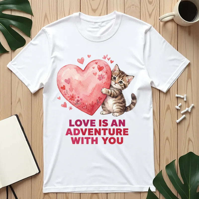 Kitten Heart T-Shirt | Love Is An Adventure With You Cute Cat Graphic Tee White