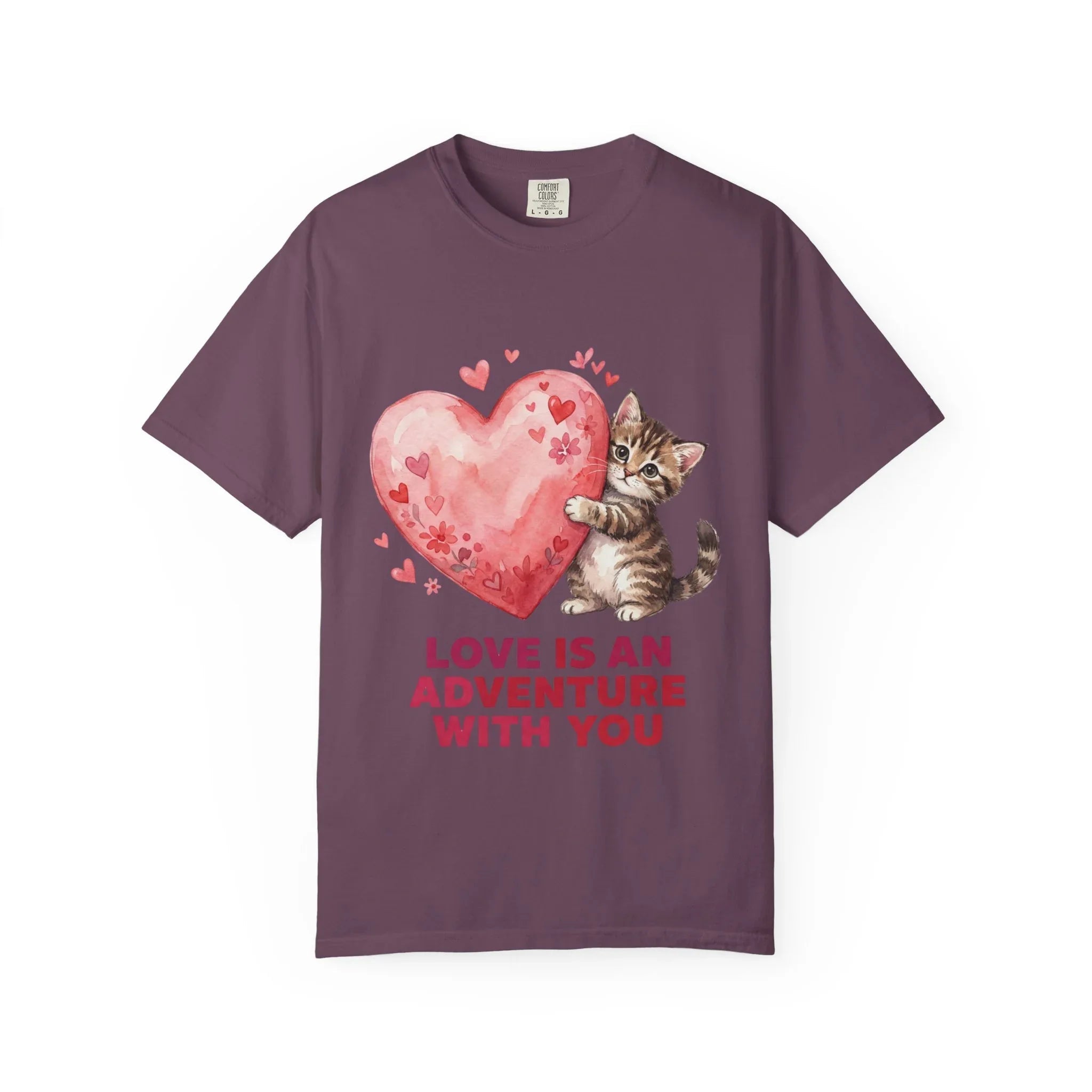 Kitten Heart T-Shirt | Love Is An Adventure With You Cute Cat Graphic Tee Berry M