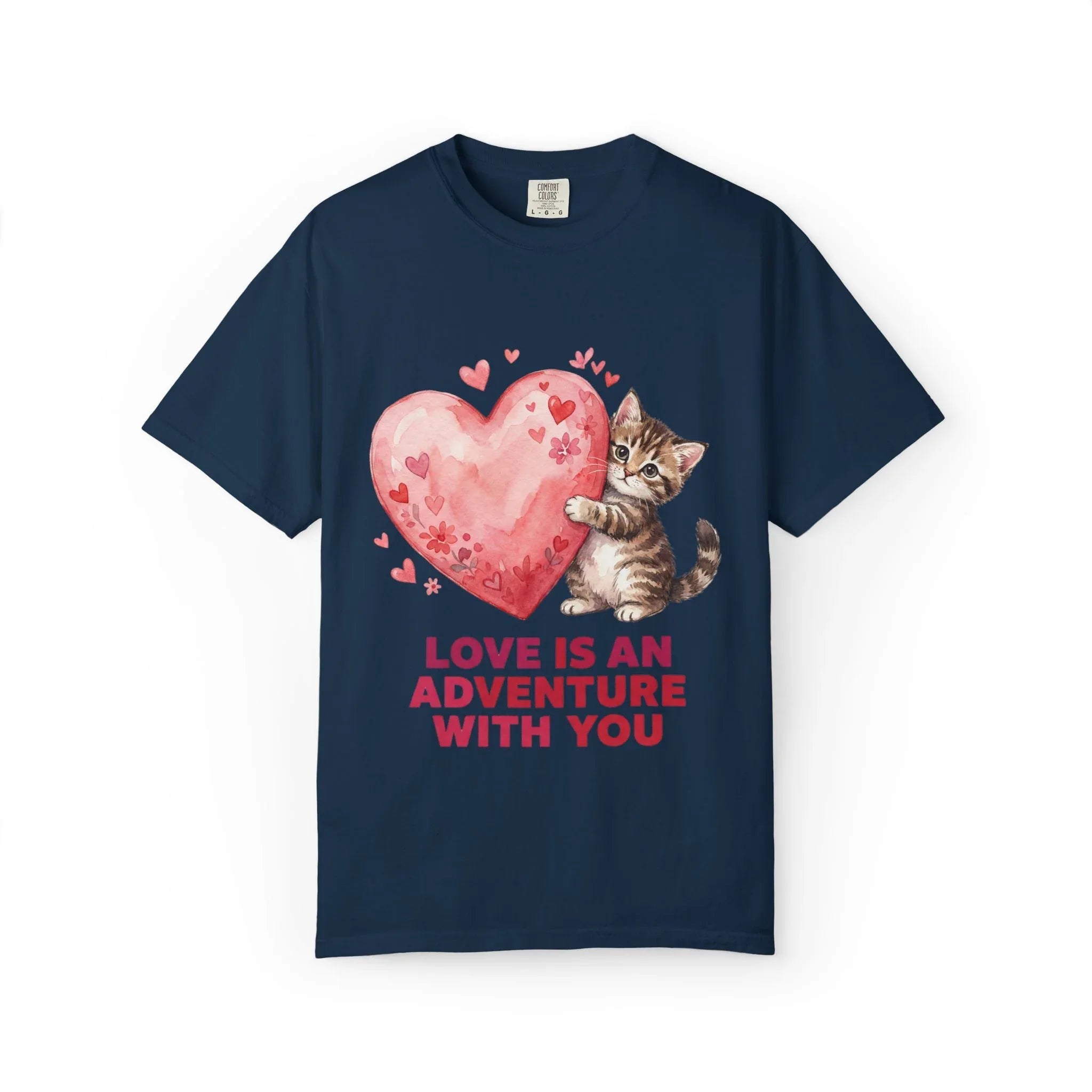 Kitten Heart T-Shirt | Love Is An Adventure With You Cute Cat Graphic Tee True Navy