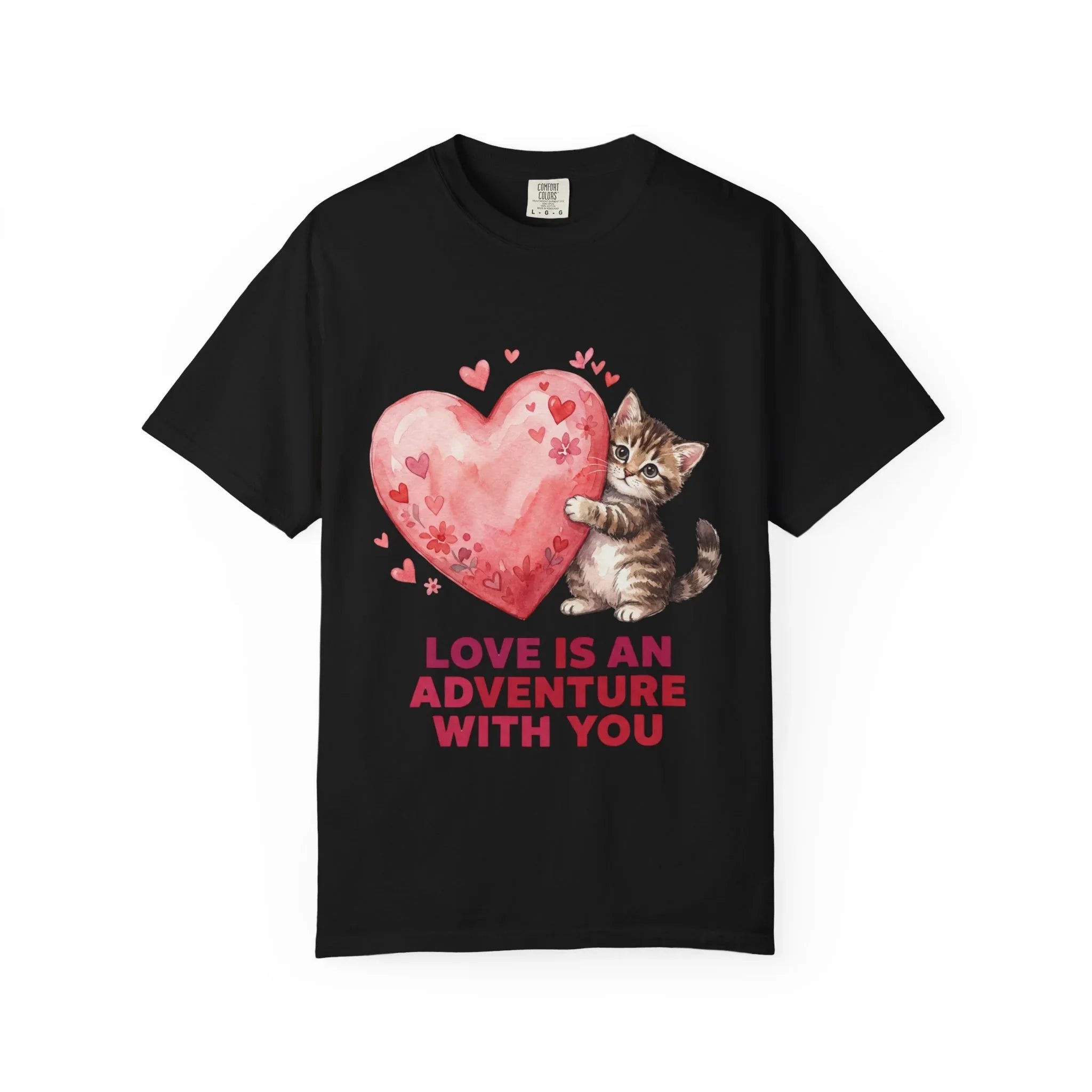 Kitten Heart T-Shirt | Love Is An Adventure With You Cute Cat Graphic Tee Black