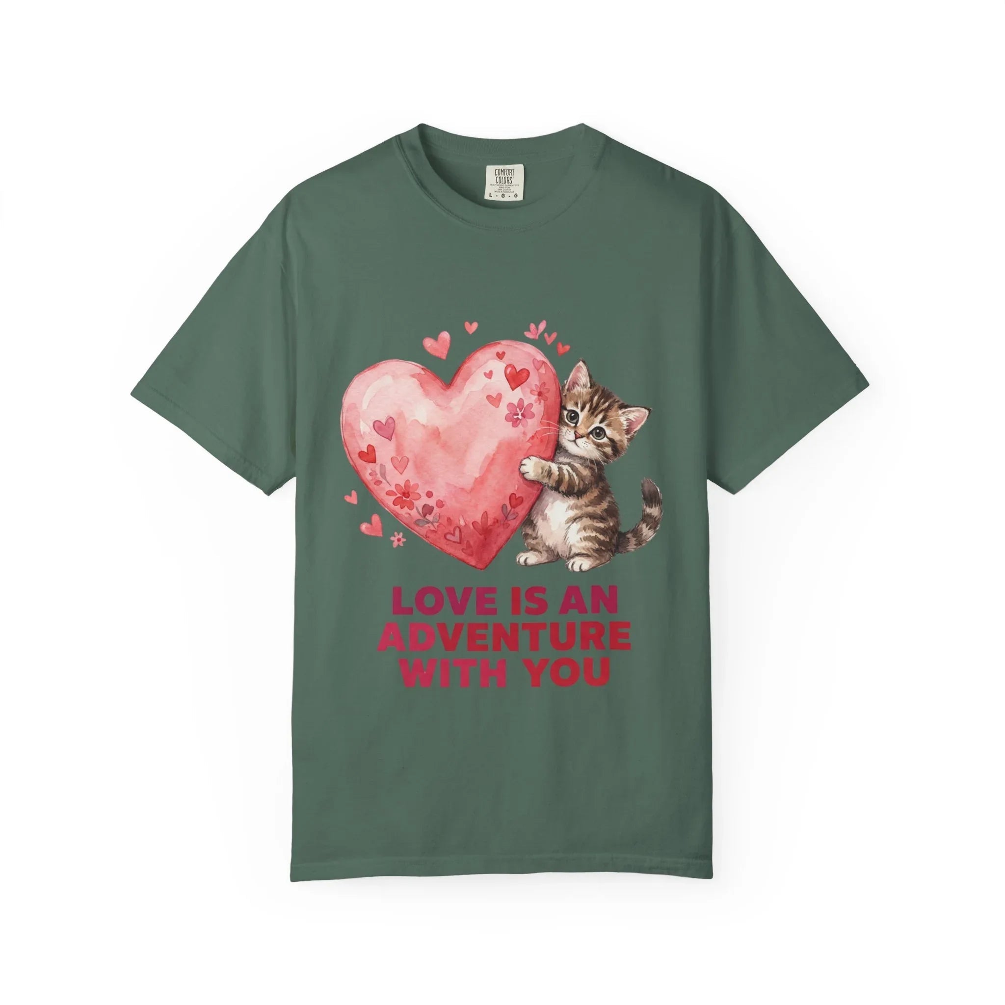 Kitten Heart T-Shirt | Love Is An Adventure With You Cute Cat Graphic Tee Blue Spruce