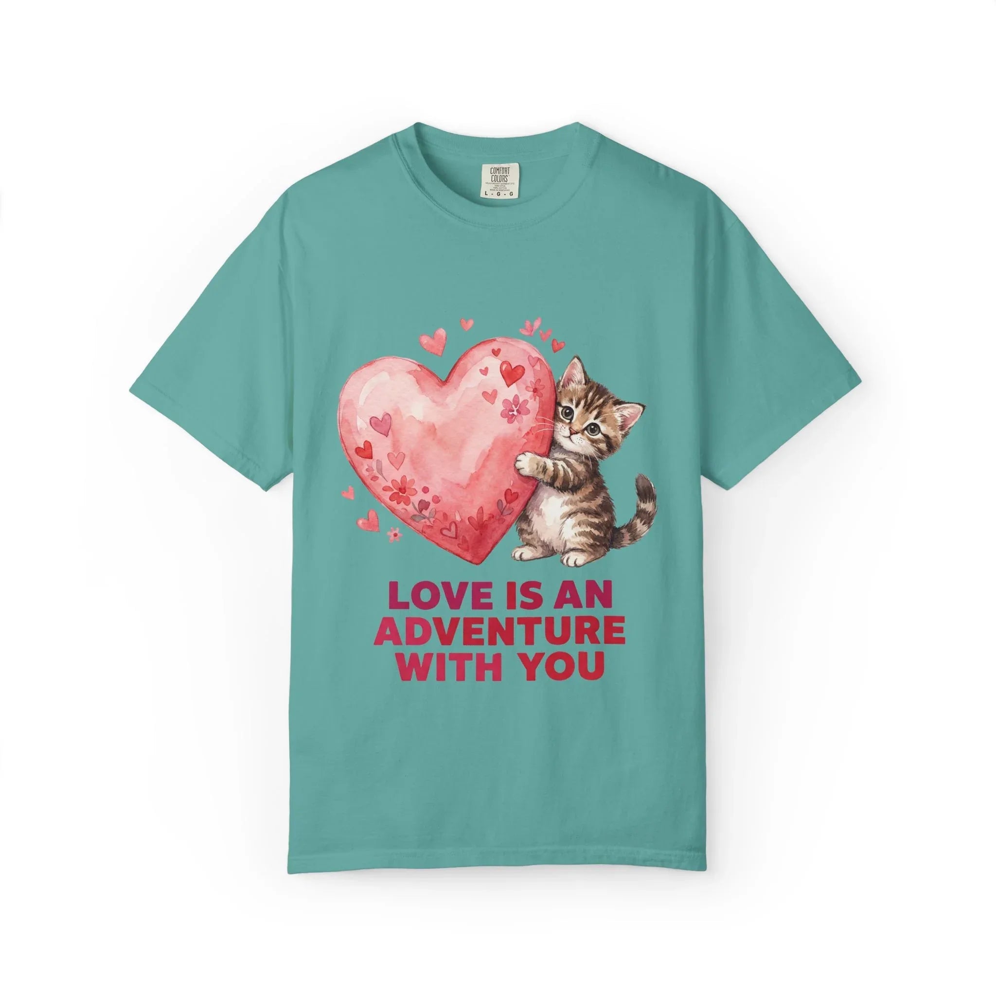 Kitten Heart T-Shirt | Love Is An Adventure With You Cute Cat Graphic Tee Seafoam