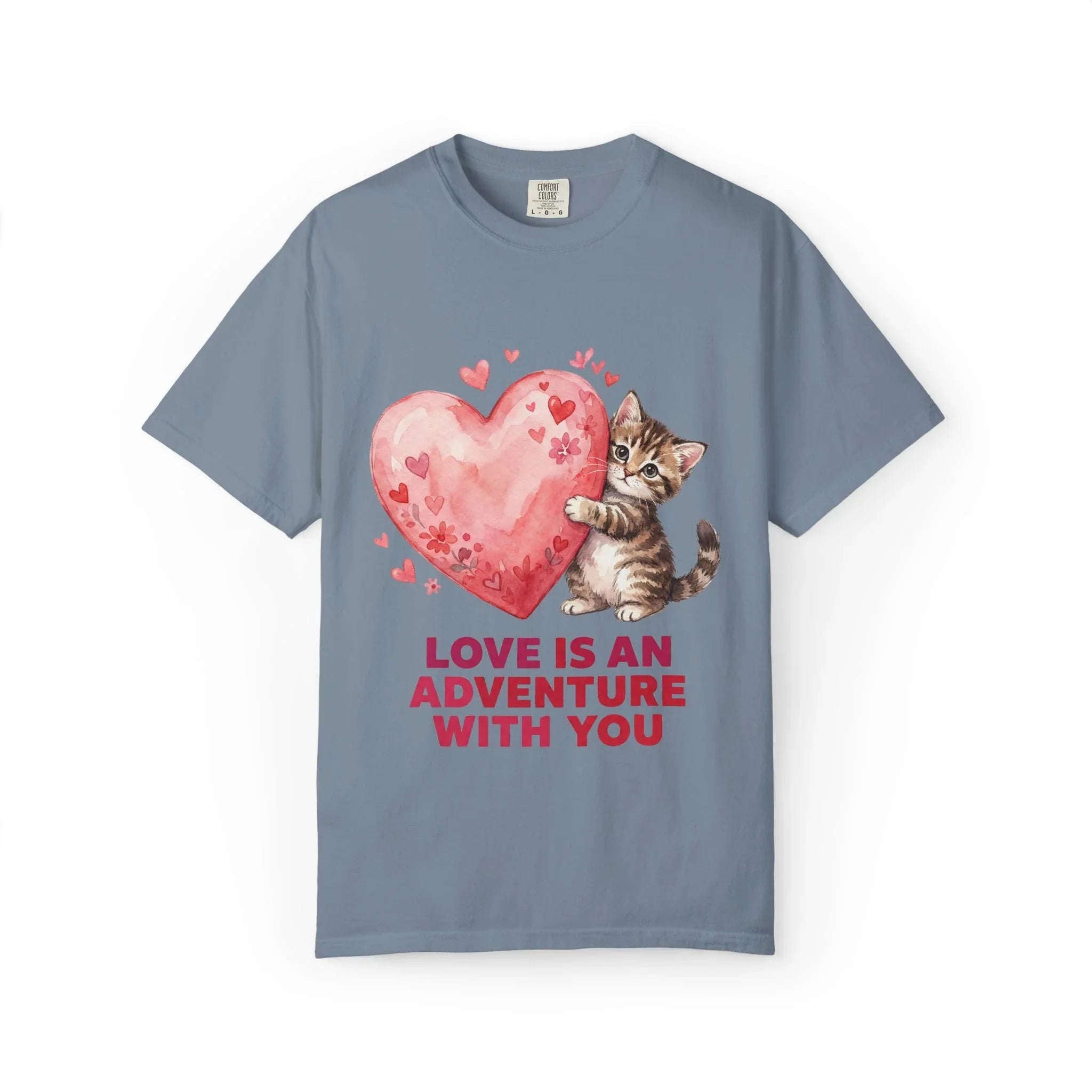 Kitten Heart T-Shirt | Love Is An Adventure With You Cute Cat Graphic Tee Blue Jean