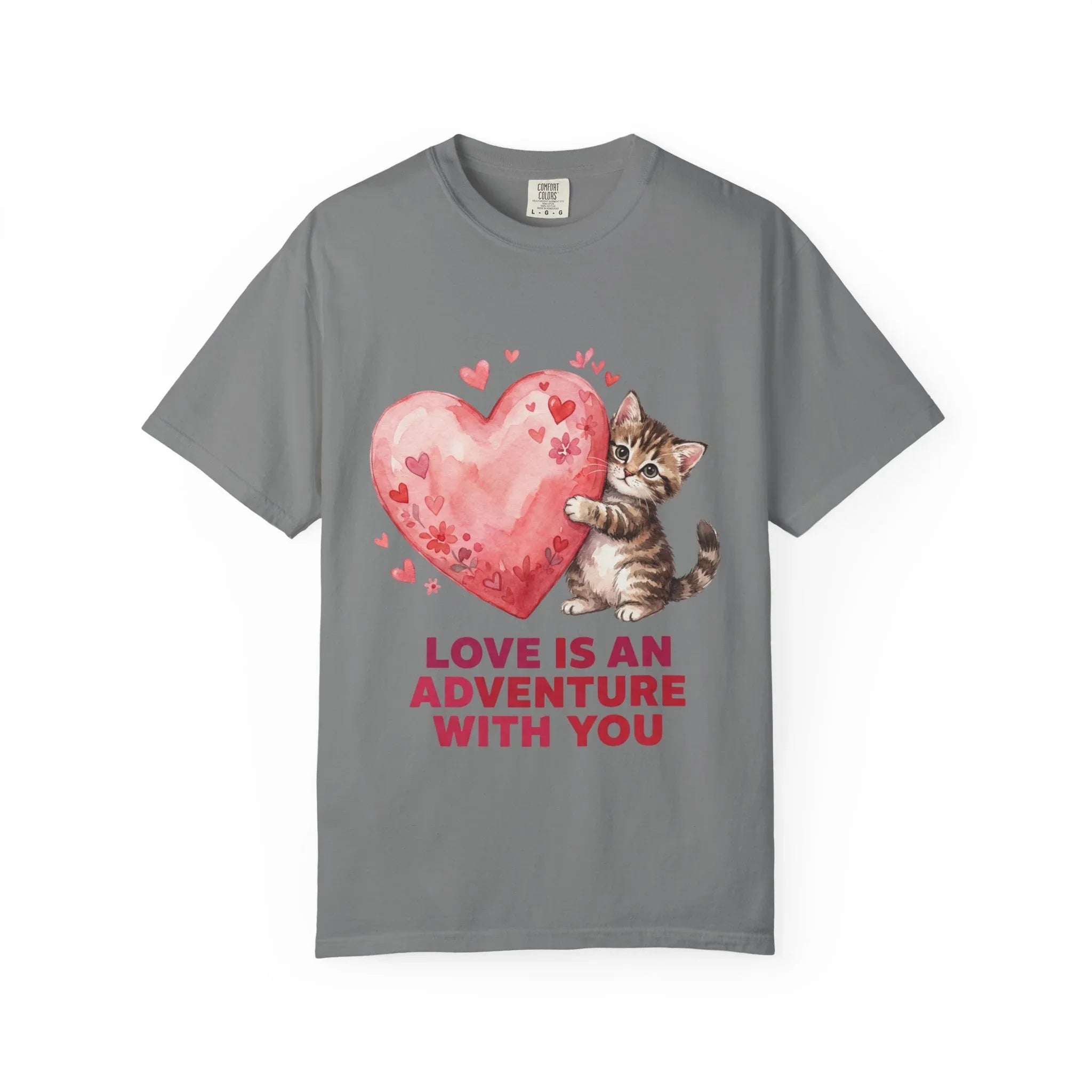 Kitten Heart T-Shirt | Love Is An Adventure With You Cute Cat Graphic Tee Grey