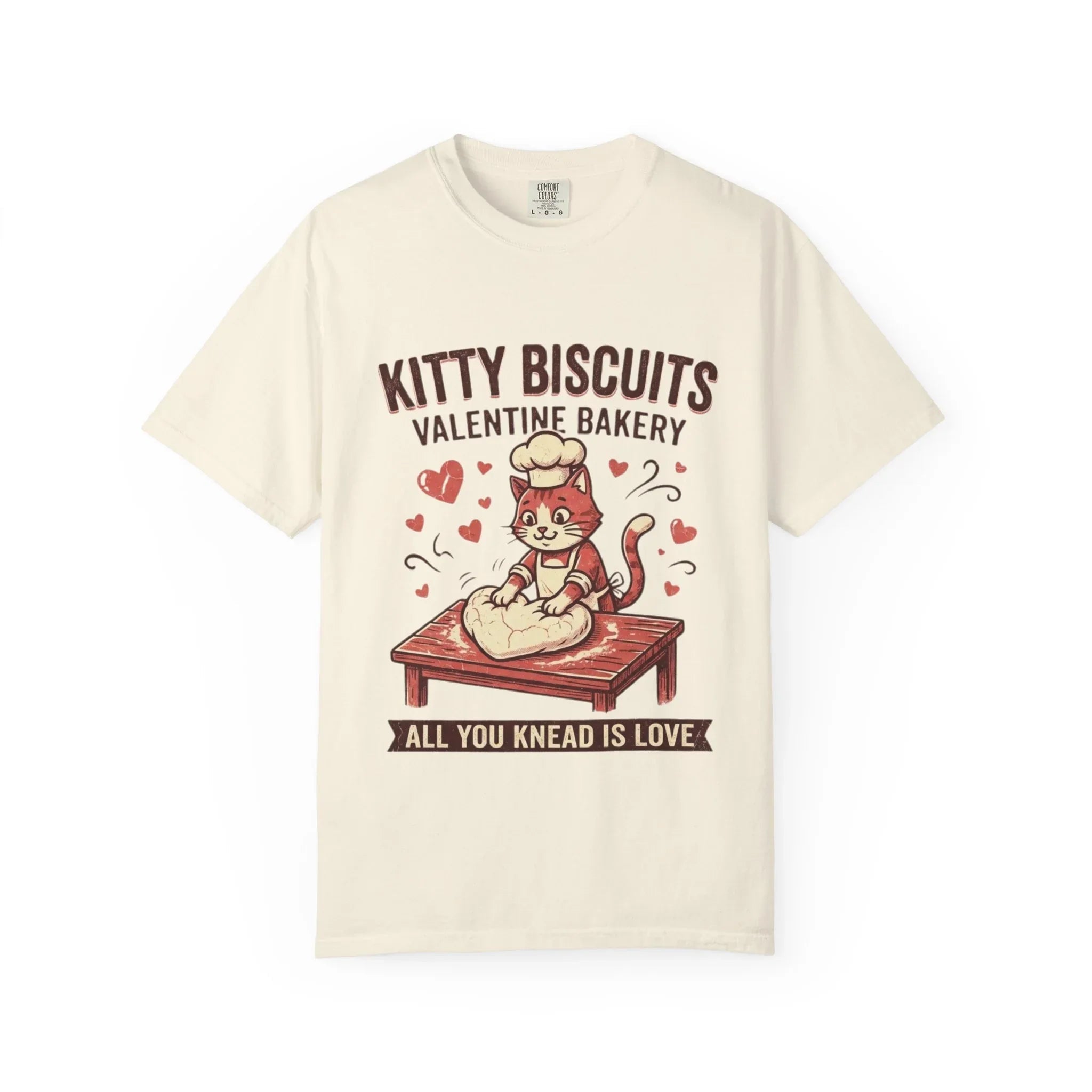Kitty Biscuits T-Shirt | Valentine Bakery Cat All You Knead Is Love Graphic Tee Ivory