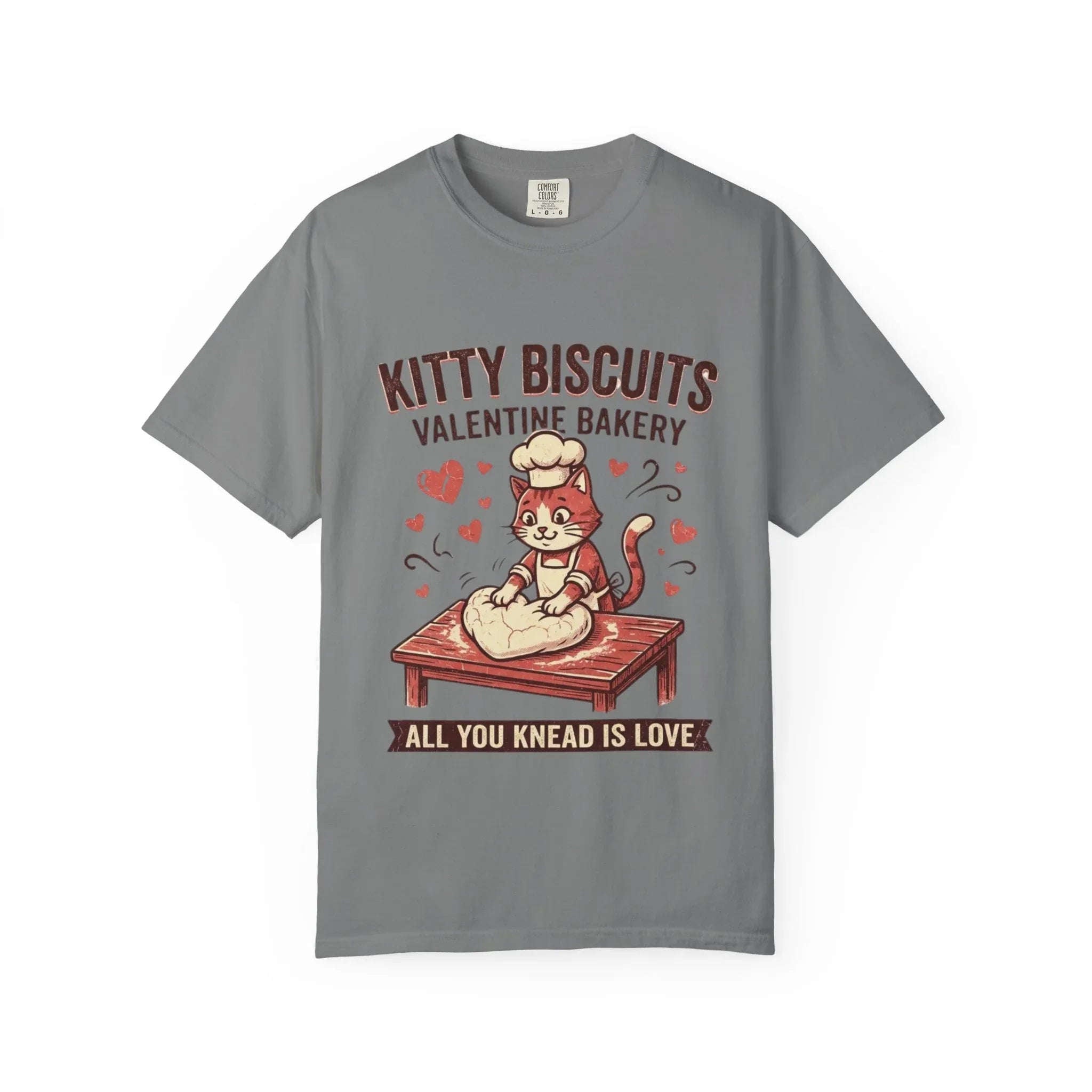 Kitty Biscuits T-Shirt | Valentine Bakery Cat All You Knead Is Love Graphic Tee Grey